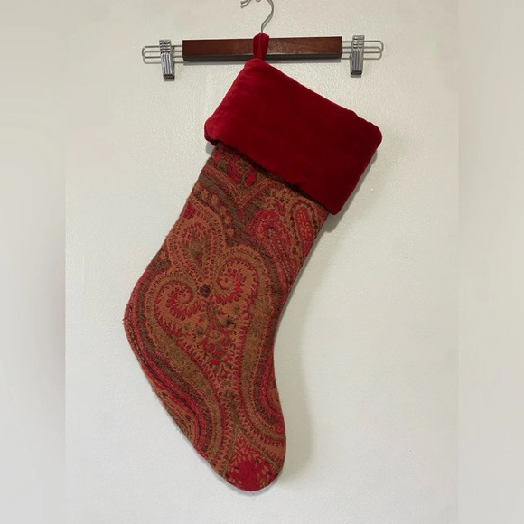 POTTERY BARN Elegant Christmas Stockings Red Paisley Jacquard Velvet - Picture 2 of 2